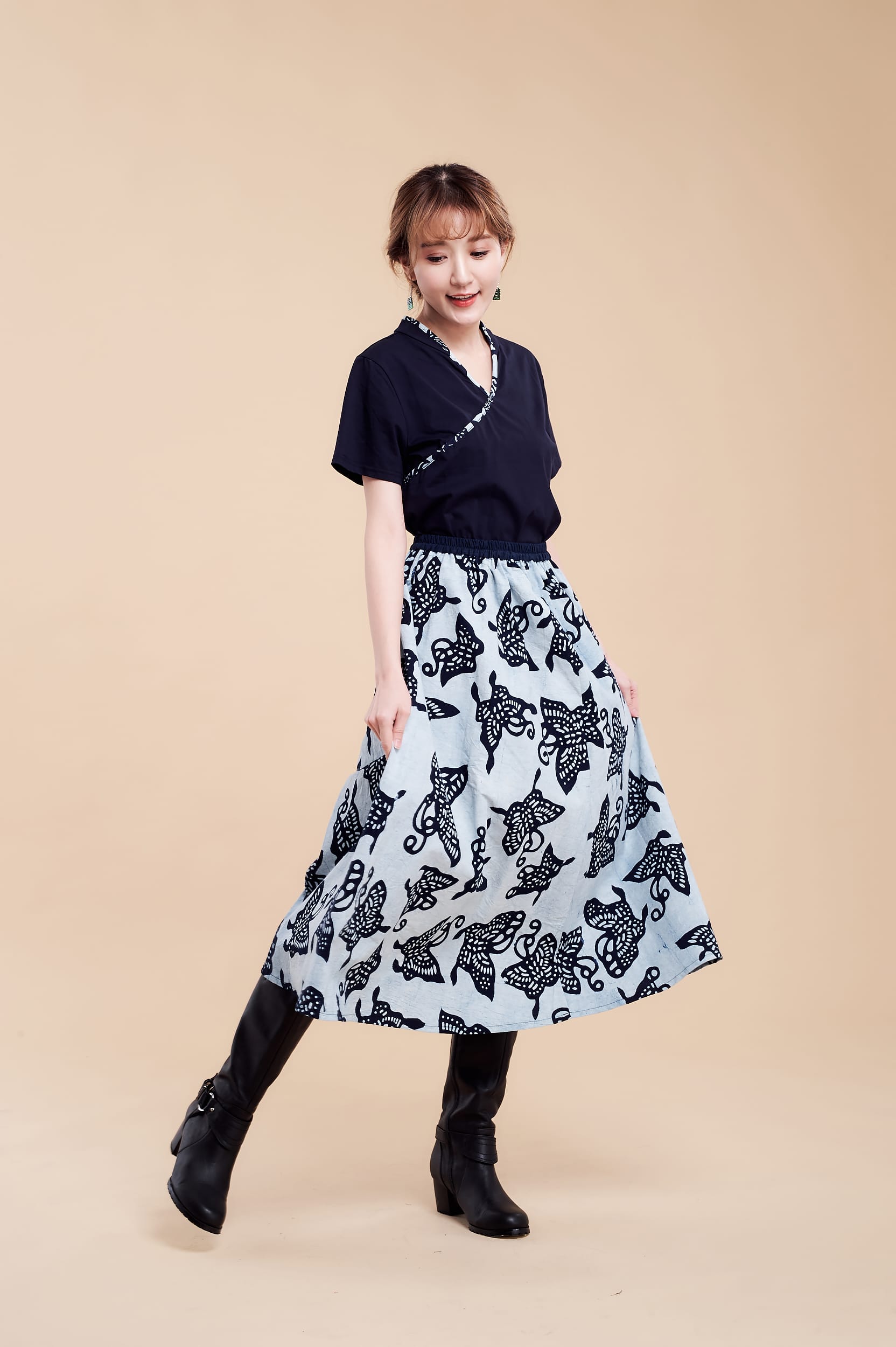 藍染白蝴蝶圓長裙