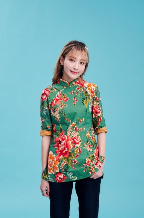 客家綠花布旗袍上衣