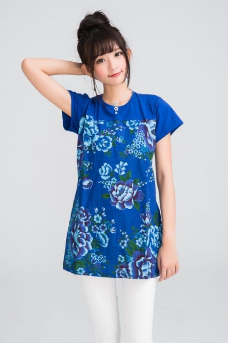 客家藍牡丹短袖長T恤(3峽）