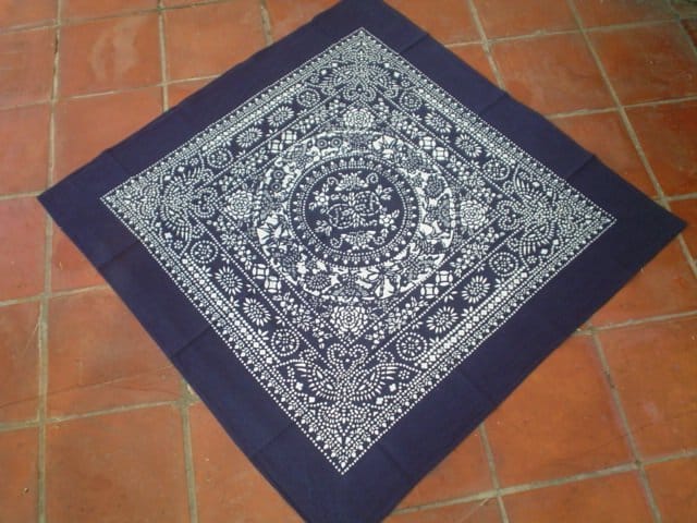 藍染布四福臨門雙面方巾