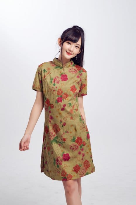 古布秋香色牡丹花金斜襟旗袍