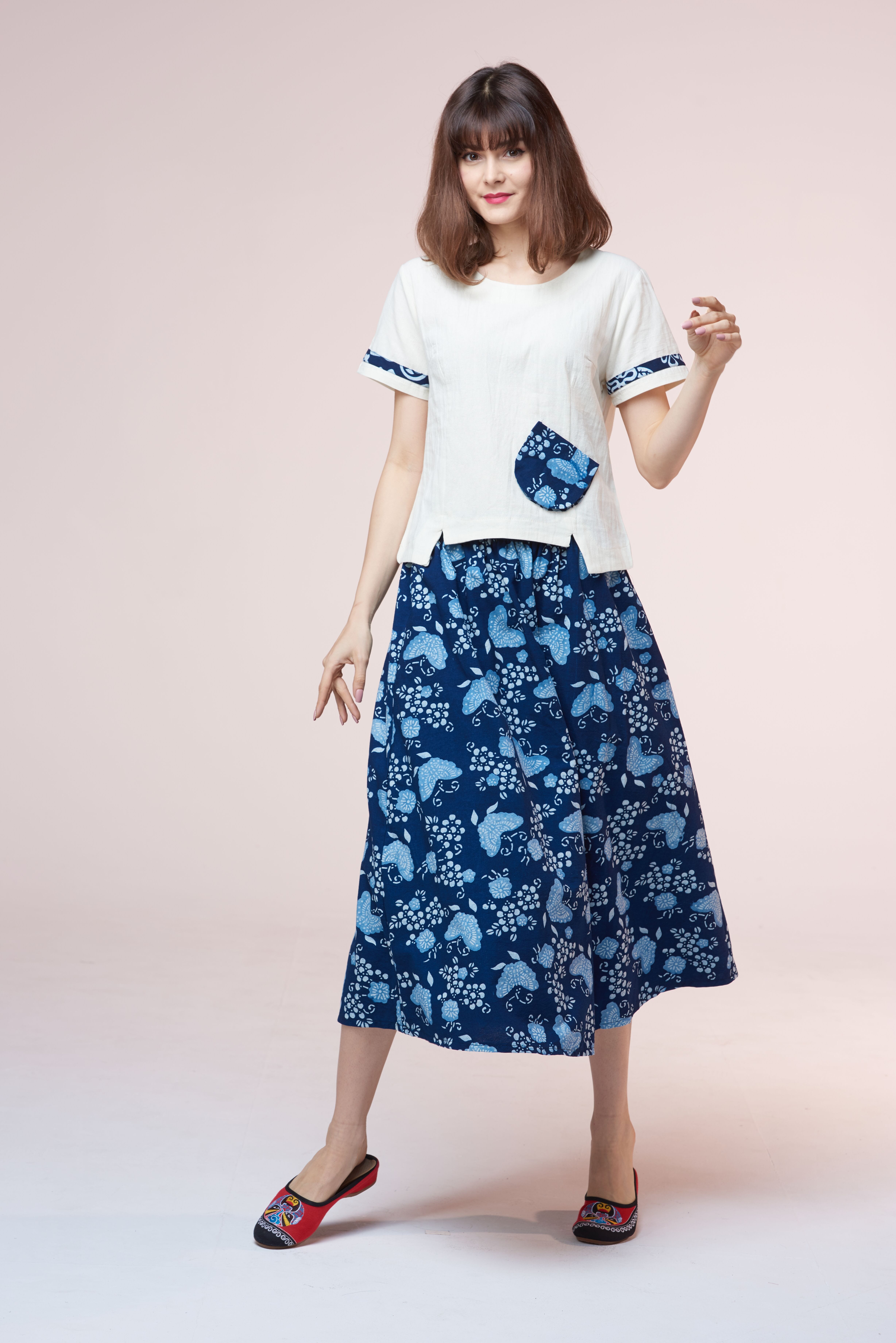 藍染三色蝴蝶圓長裙