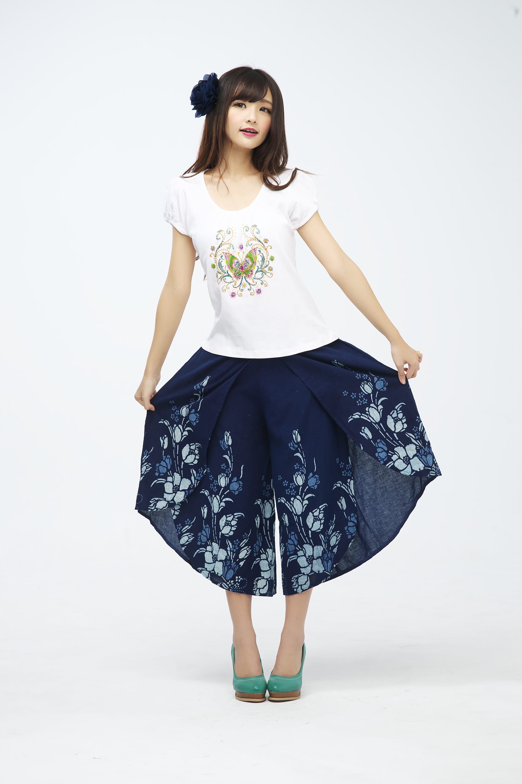 客家藍染鬱金香飄飄褲-F-褲裙