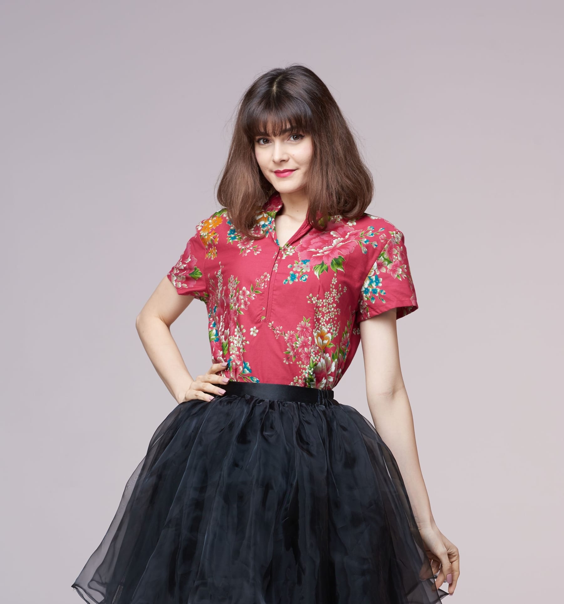 客家花布淡紅色旗袍上衣