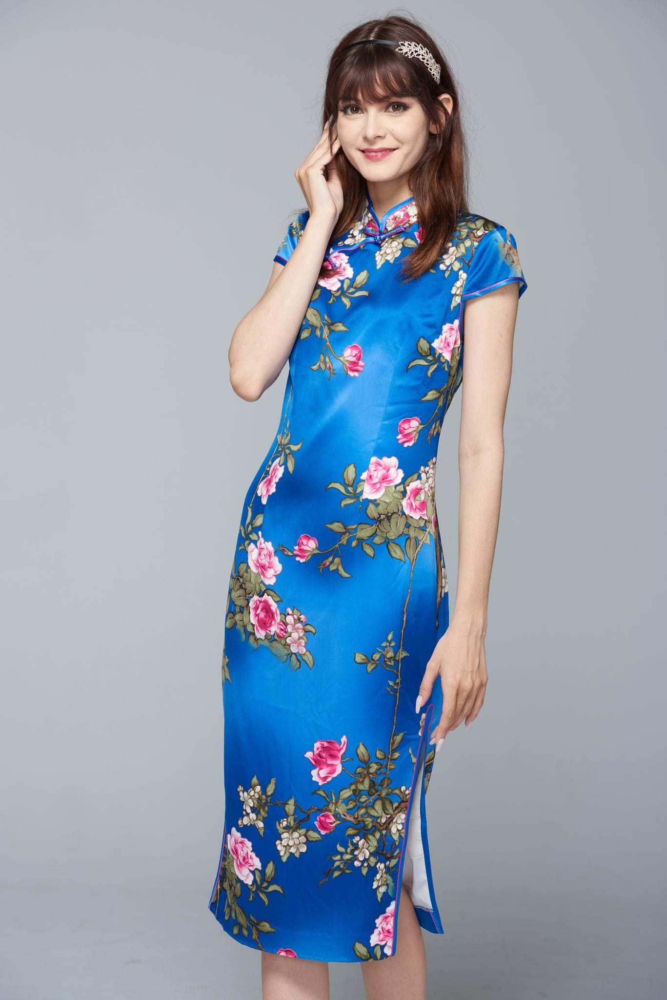絲藍玫瑰斜襟旗袍Ｌ最後一件