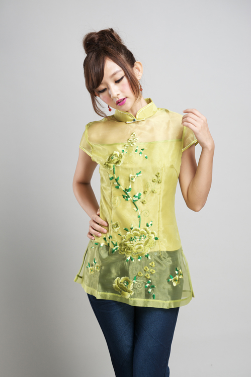 芥末黃喬其紗旗袍上衣