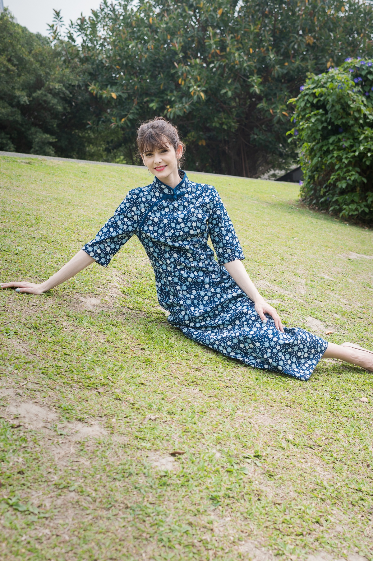 藍染小花長旗袍