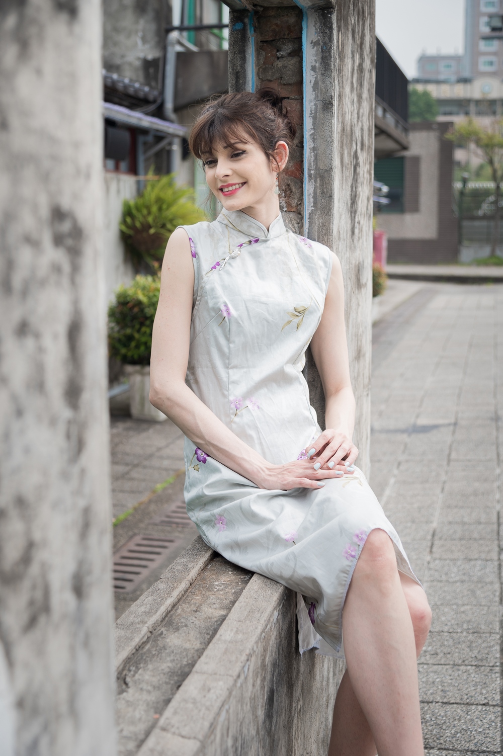 彈力棉紫花旗袍/長衫