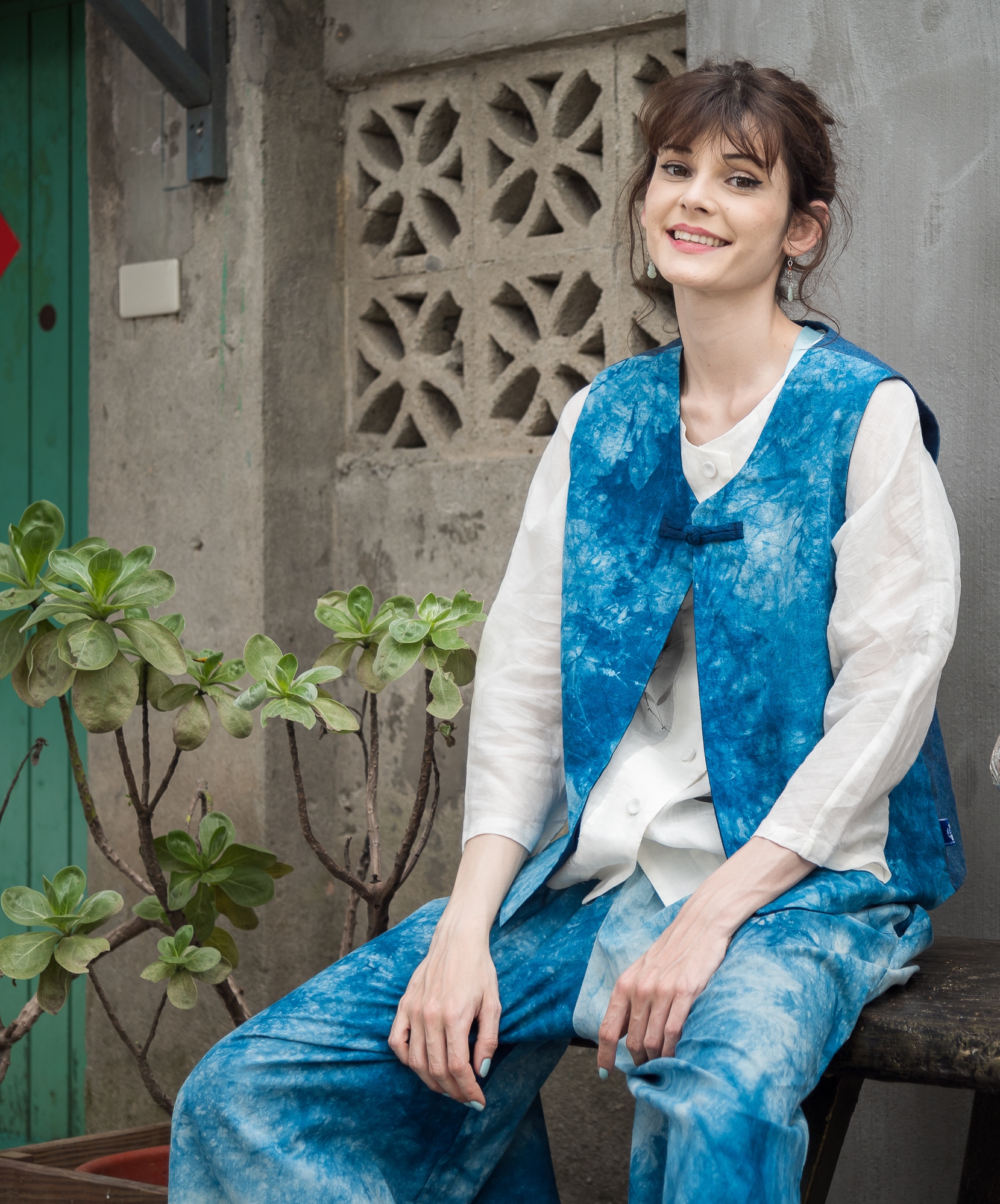 藍染之雲染V領雙面背心/馬甲/坎肩