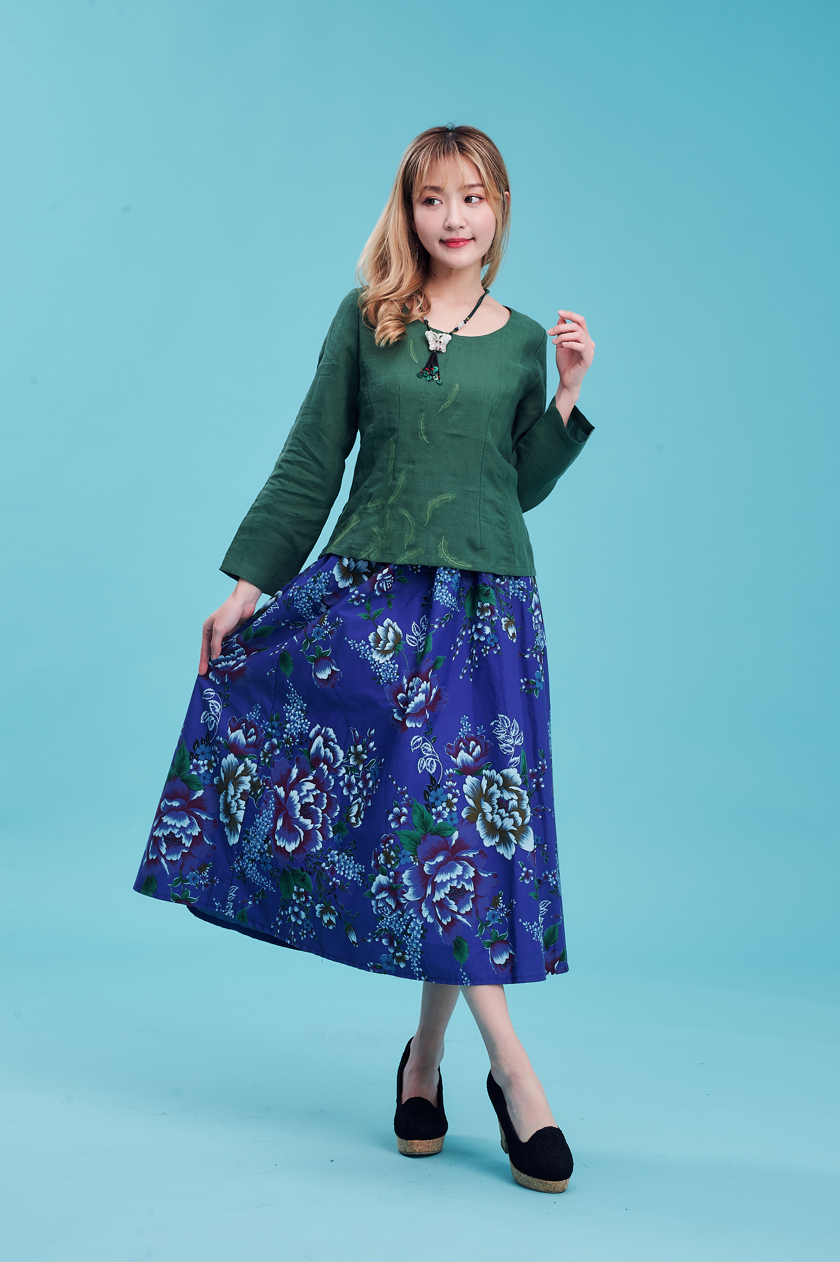 客家花布藍牡丹圓裙