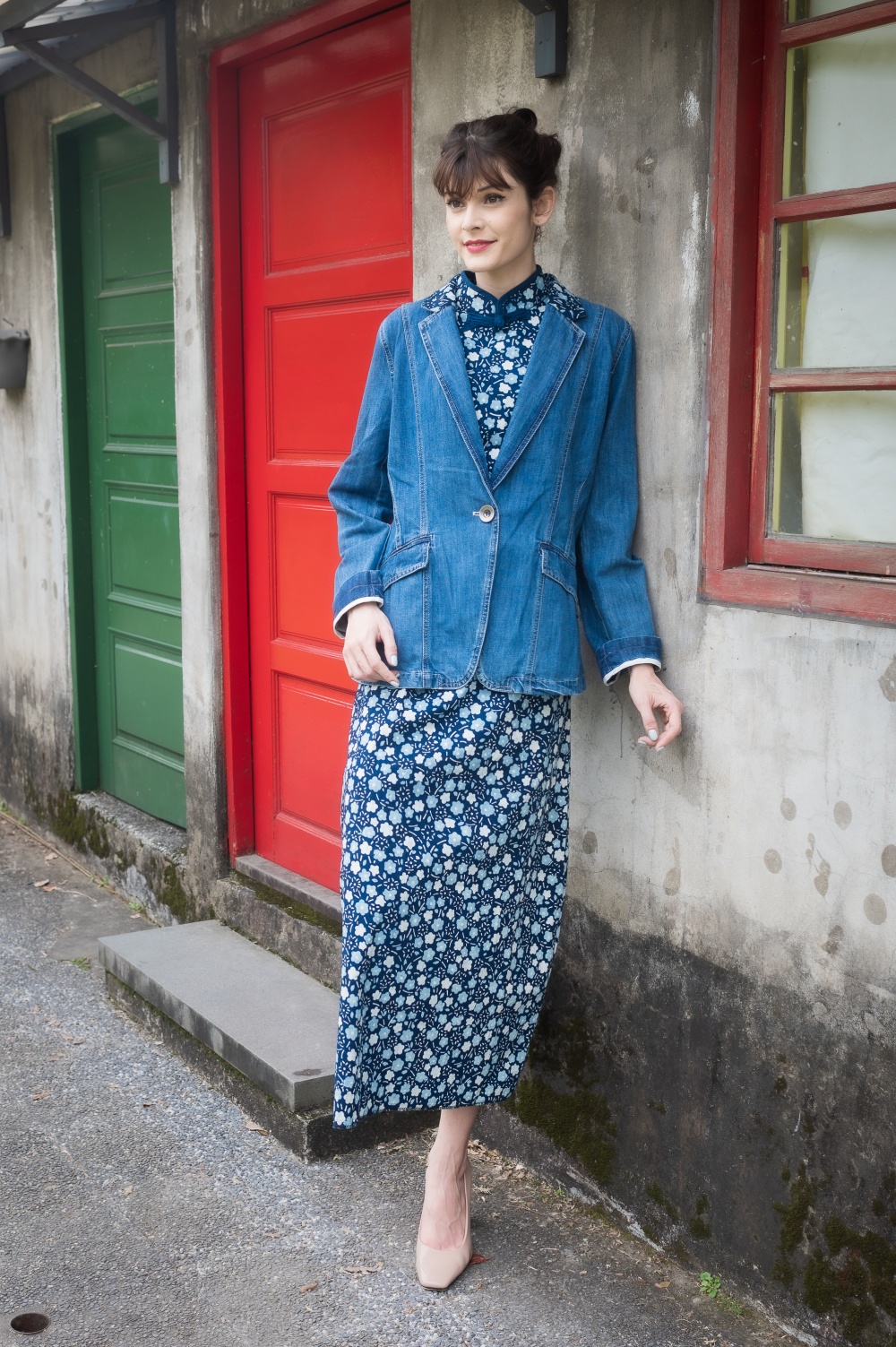 藍小花牛仔西裝外套