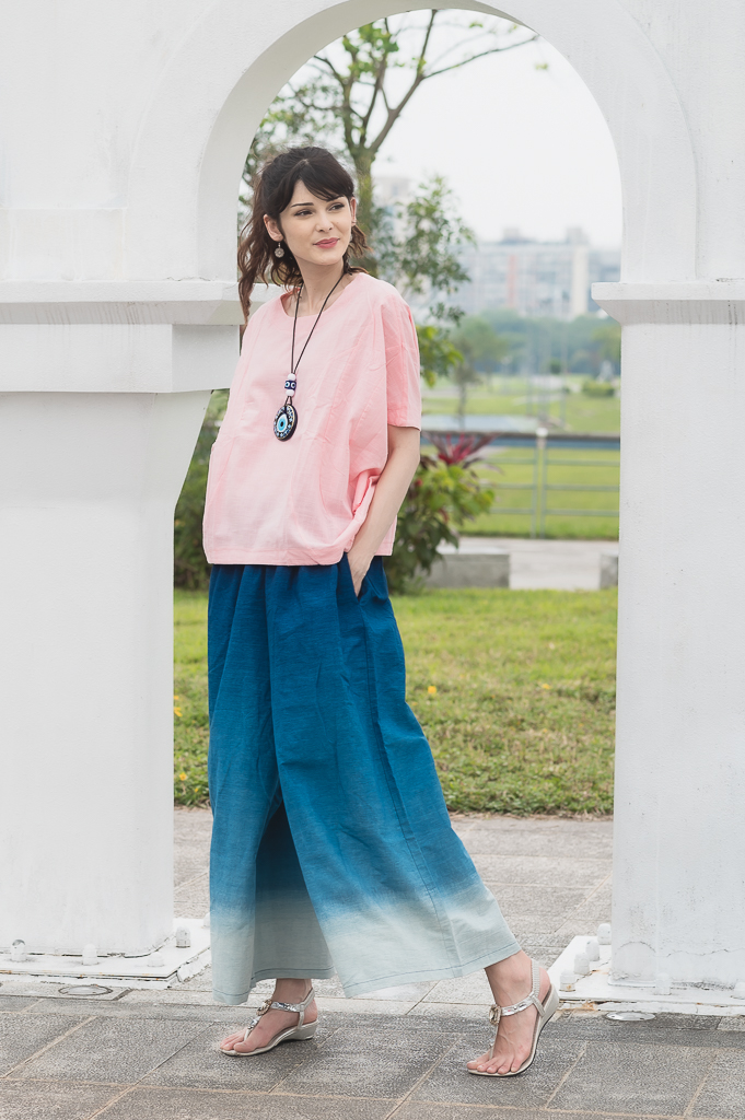 藍染漸層染褲裙.寬褲F