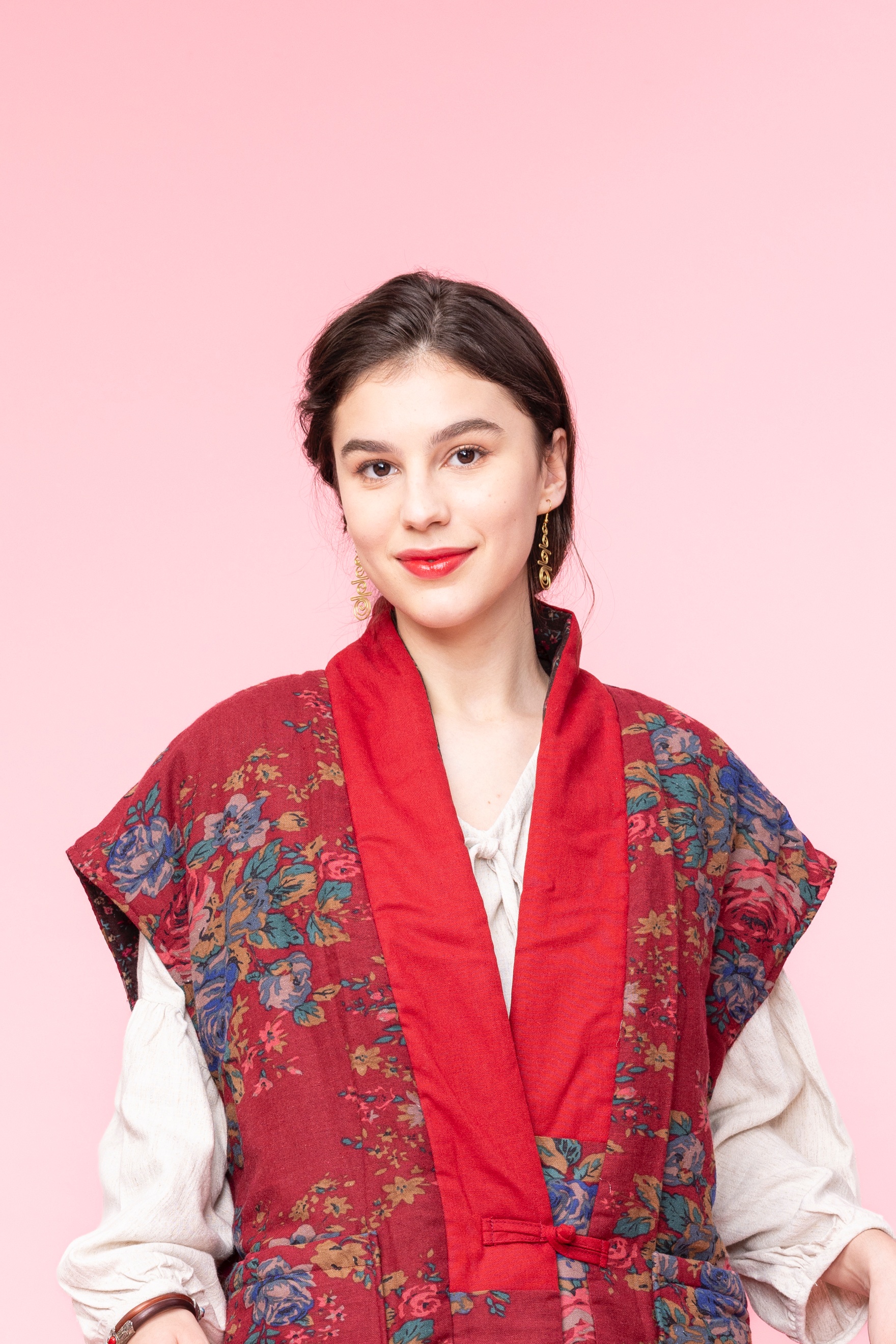 暗紅夾棉長背心/坎肩