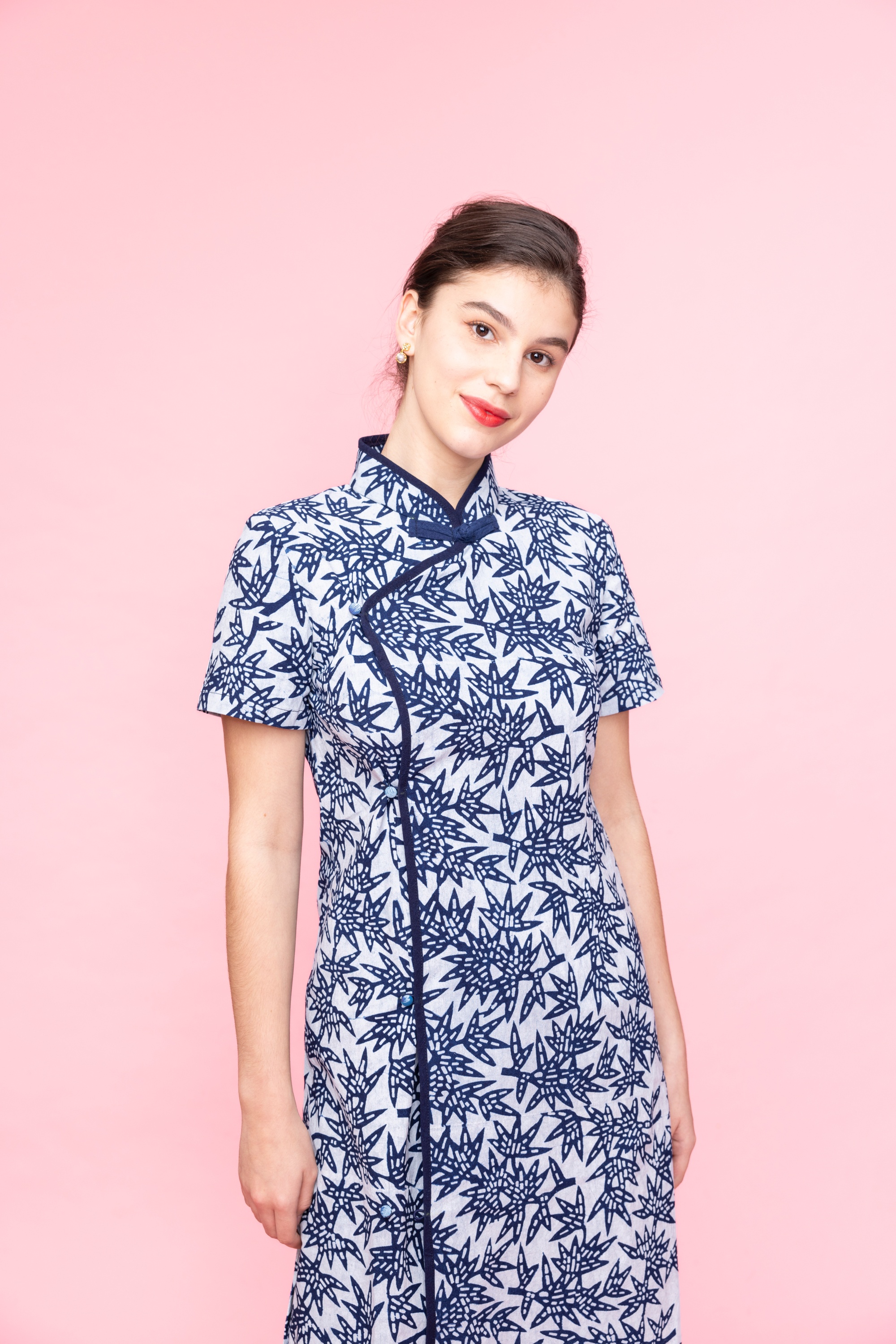 藍染竹葉青短旗袍