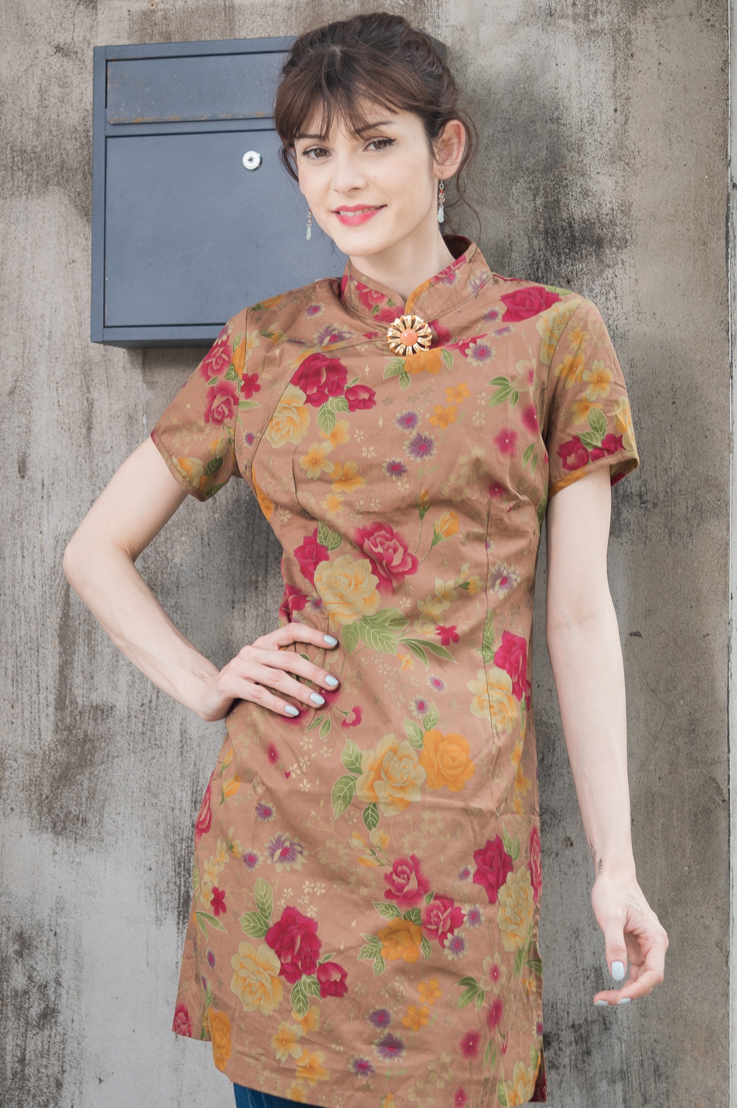 日本古布棕牡丹旗袍Ｓ最後一件