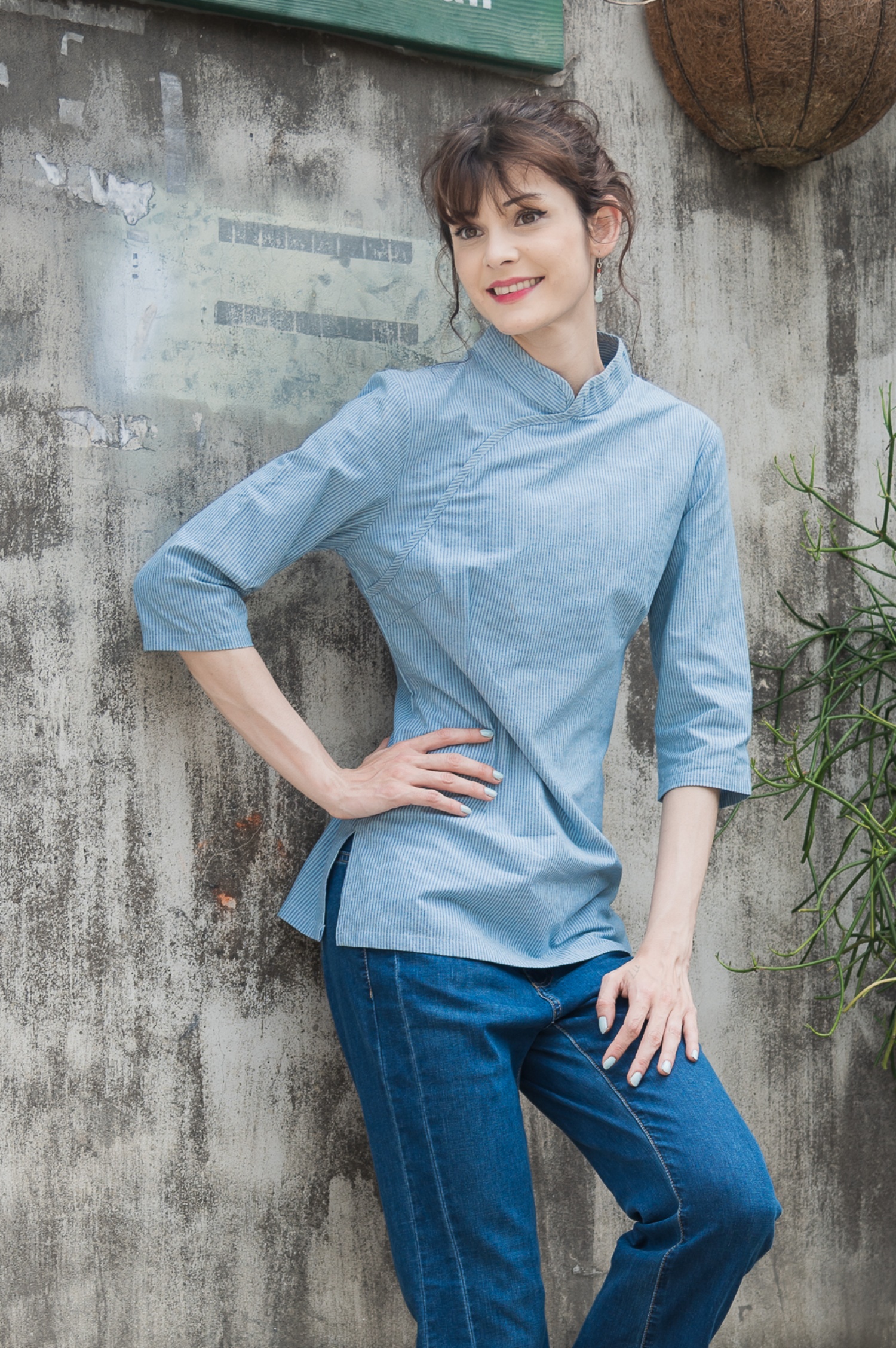 純棉淺藍條紋旗袍上衣