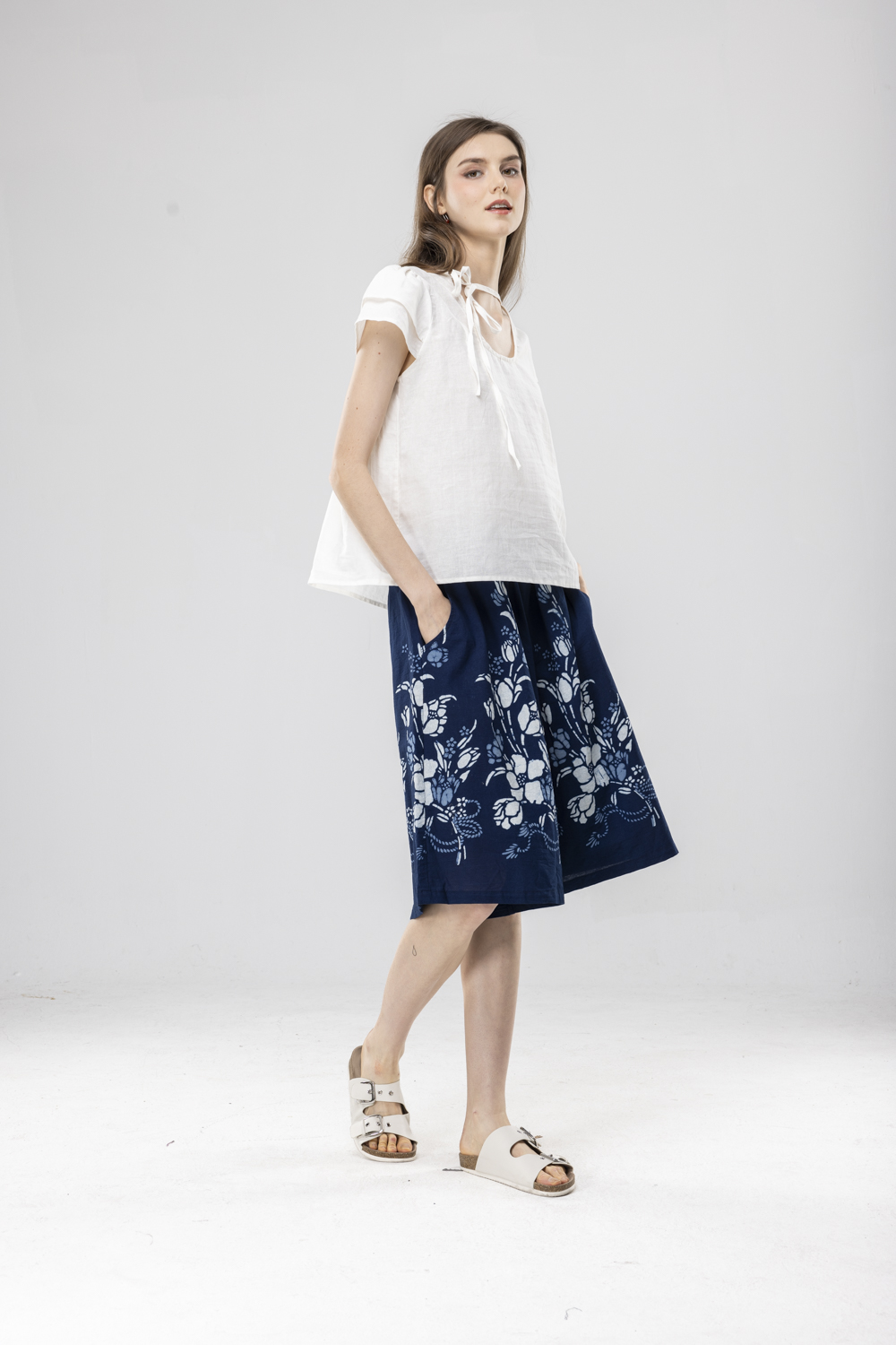 藍染鬱金香褲/寬褲/褲裙-鬆緊-