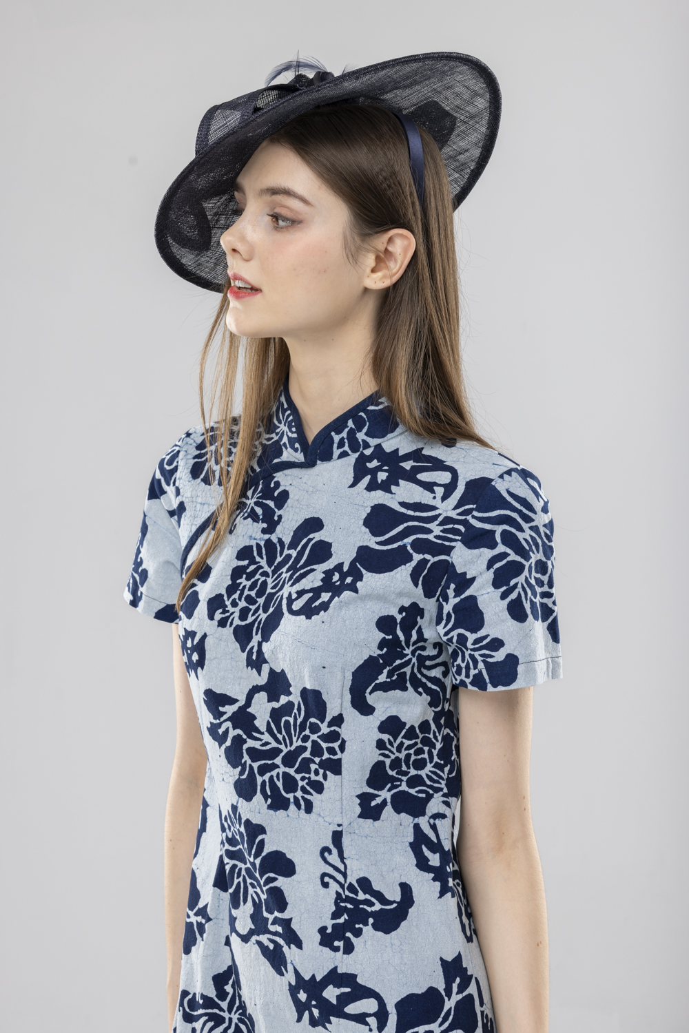 藍染白牡丹長旗袍