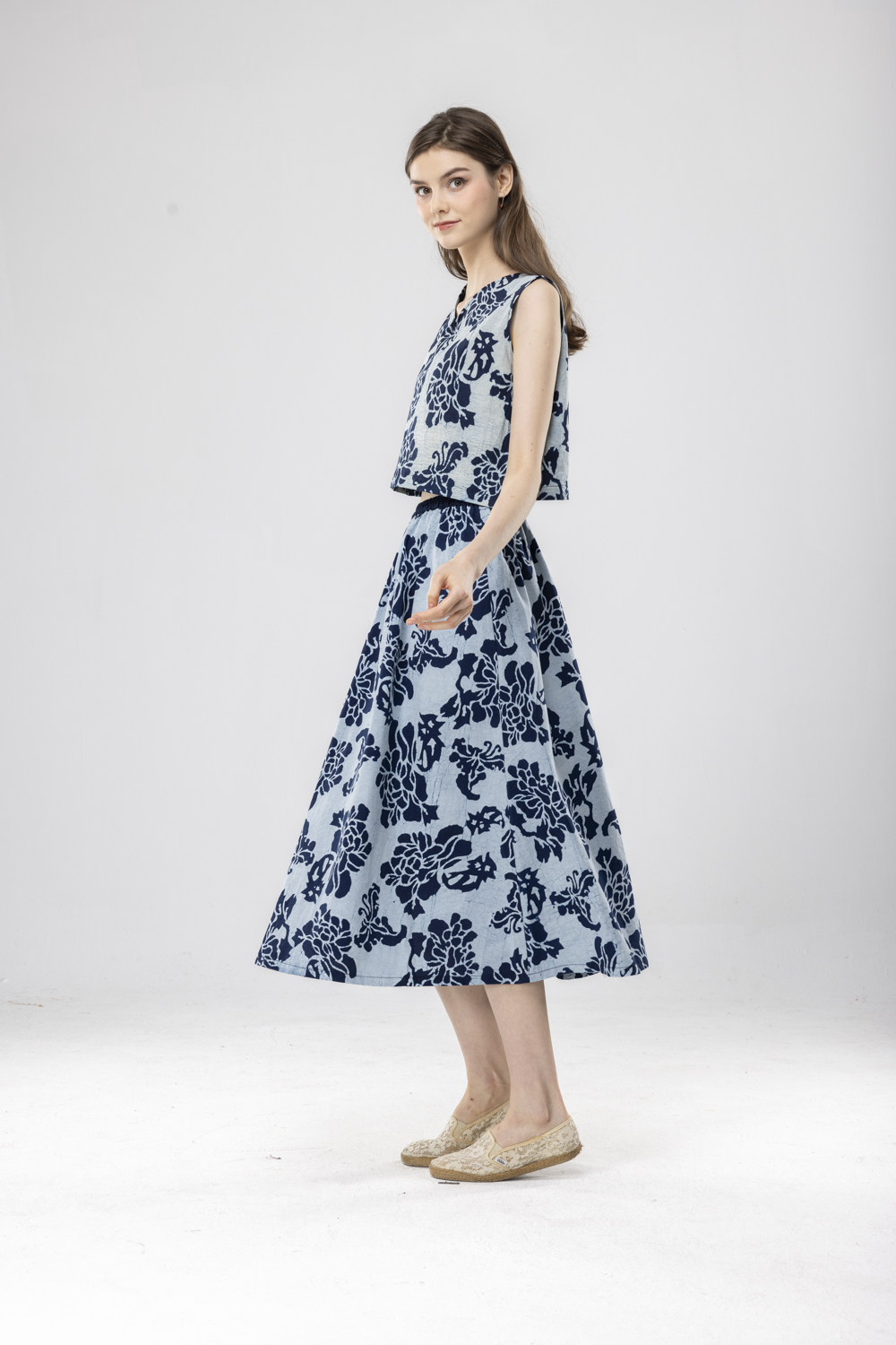 藍染白牡丹圓裙