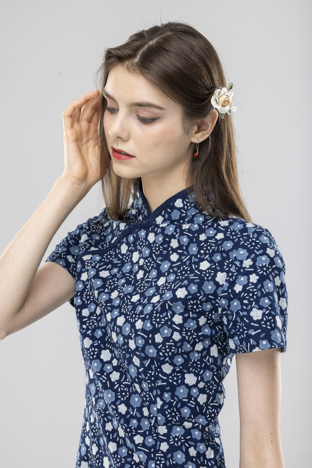 藍染藍小花長旗袍