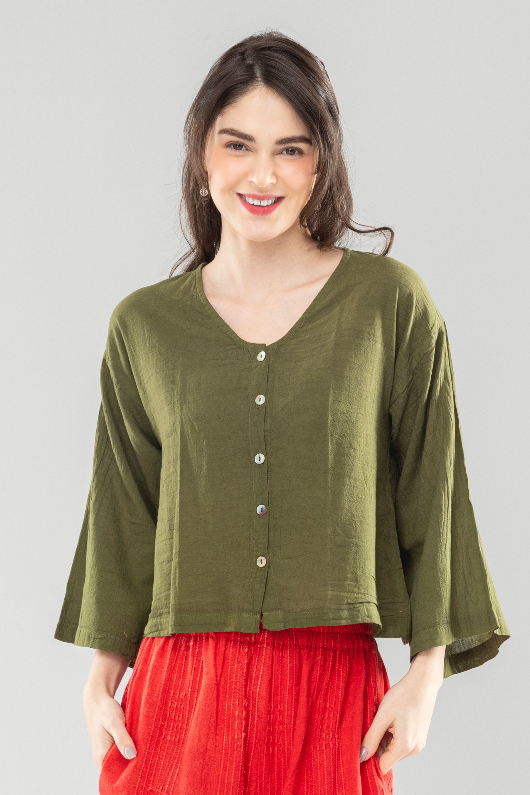 精梳棉開襟綠衫上衣外罩