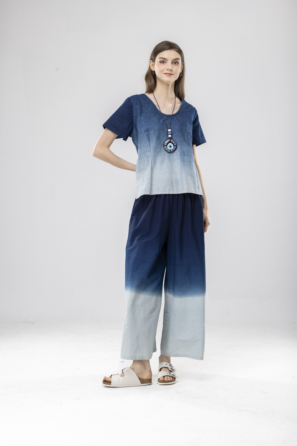 藍染漸層染寬褲Ｆ三峽