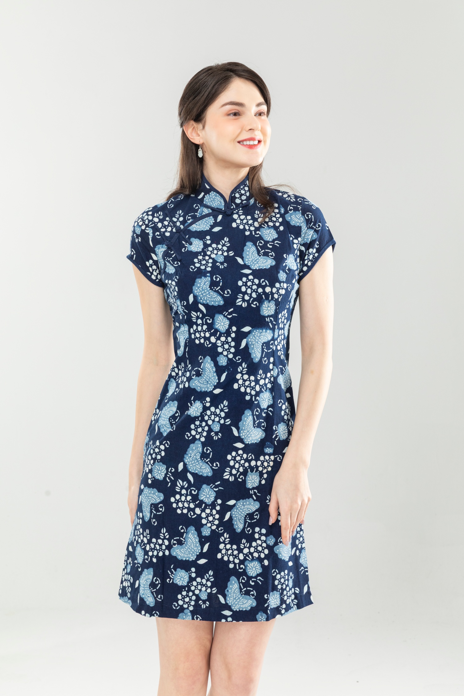 客家藍染三色玫瑰旗袍