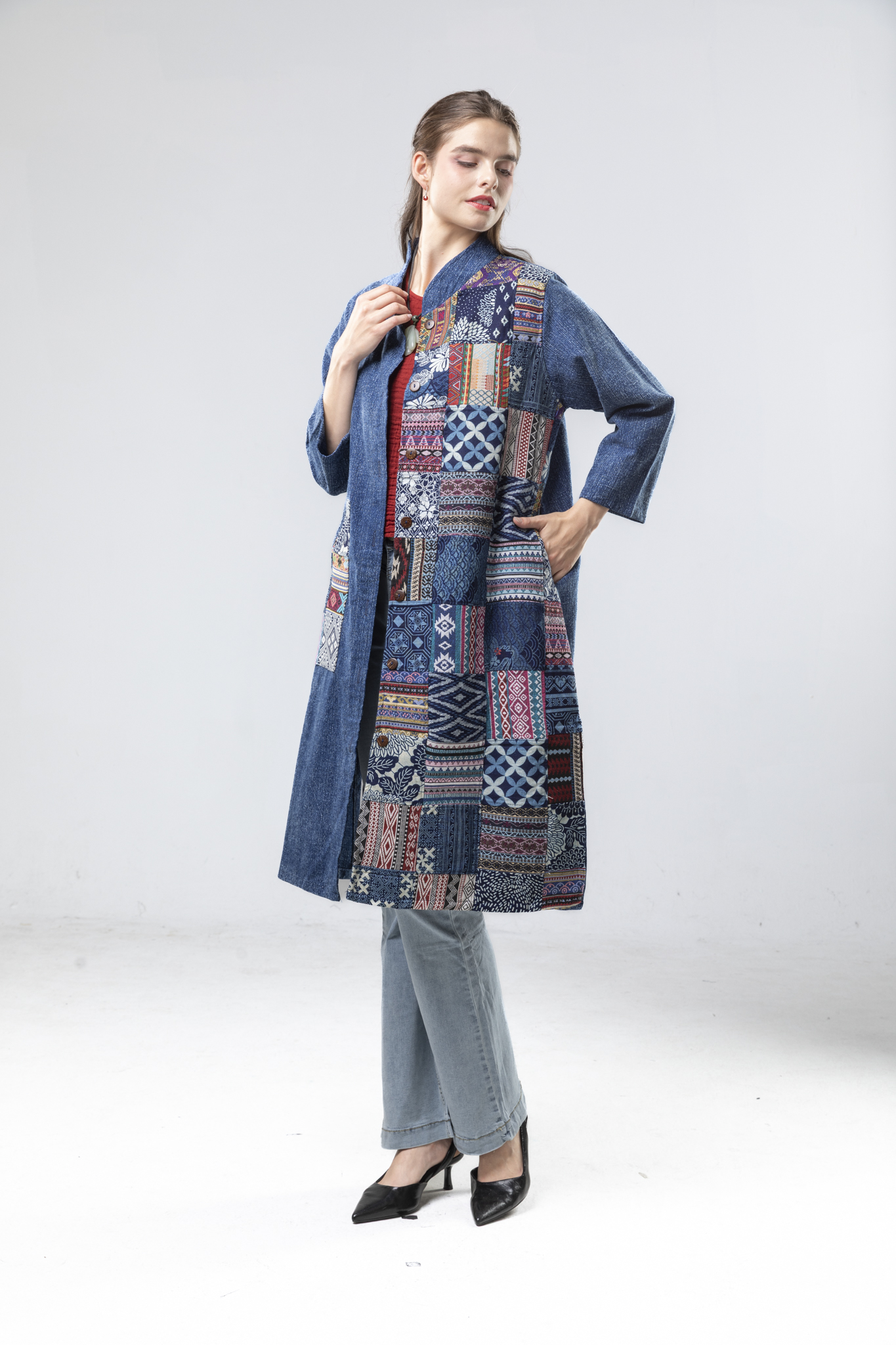 藍染拼布長外套