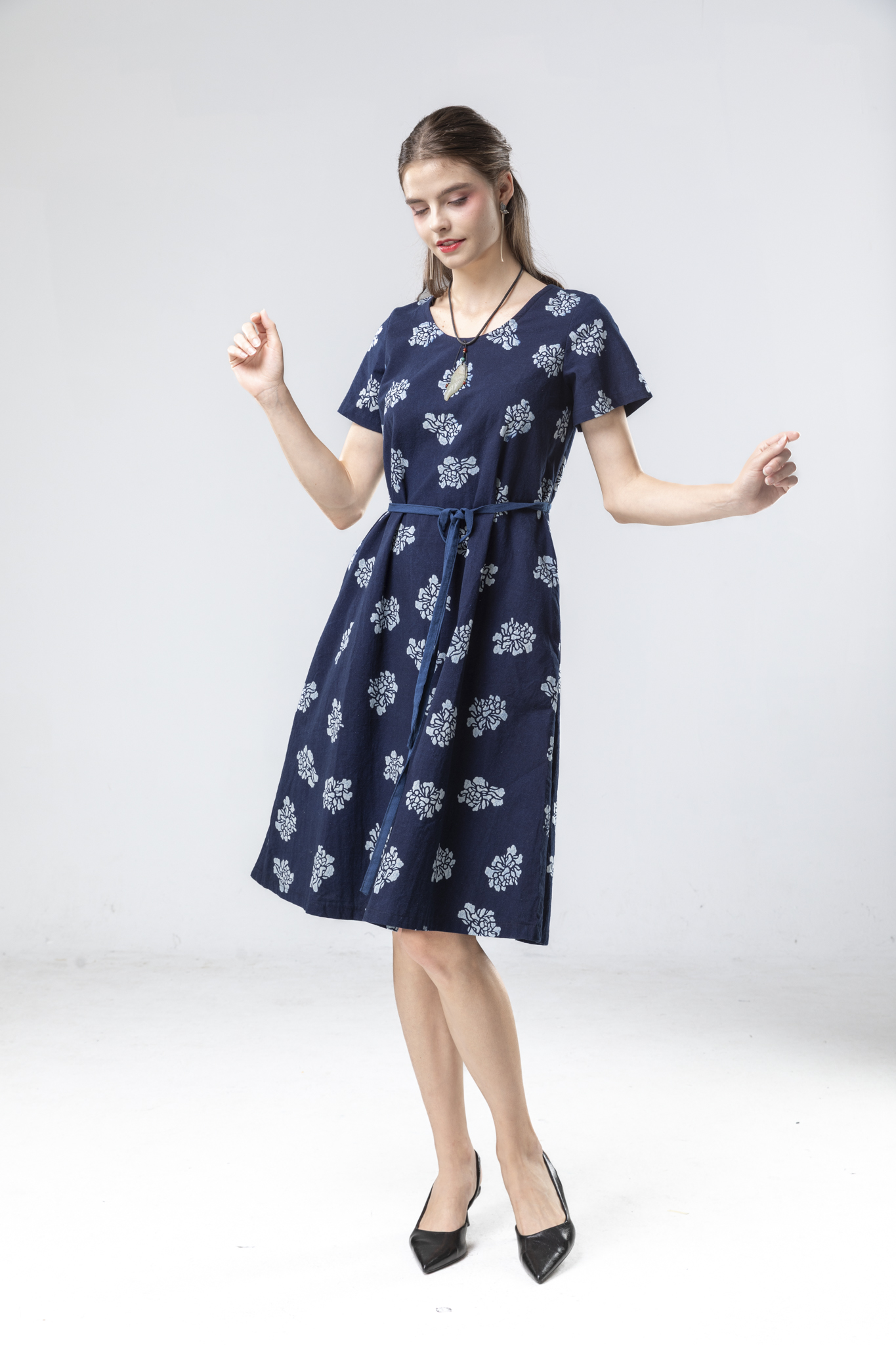 藍染玫瑰圓領洋裝~