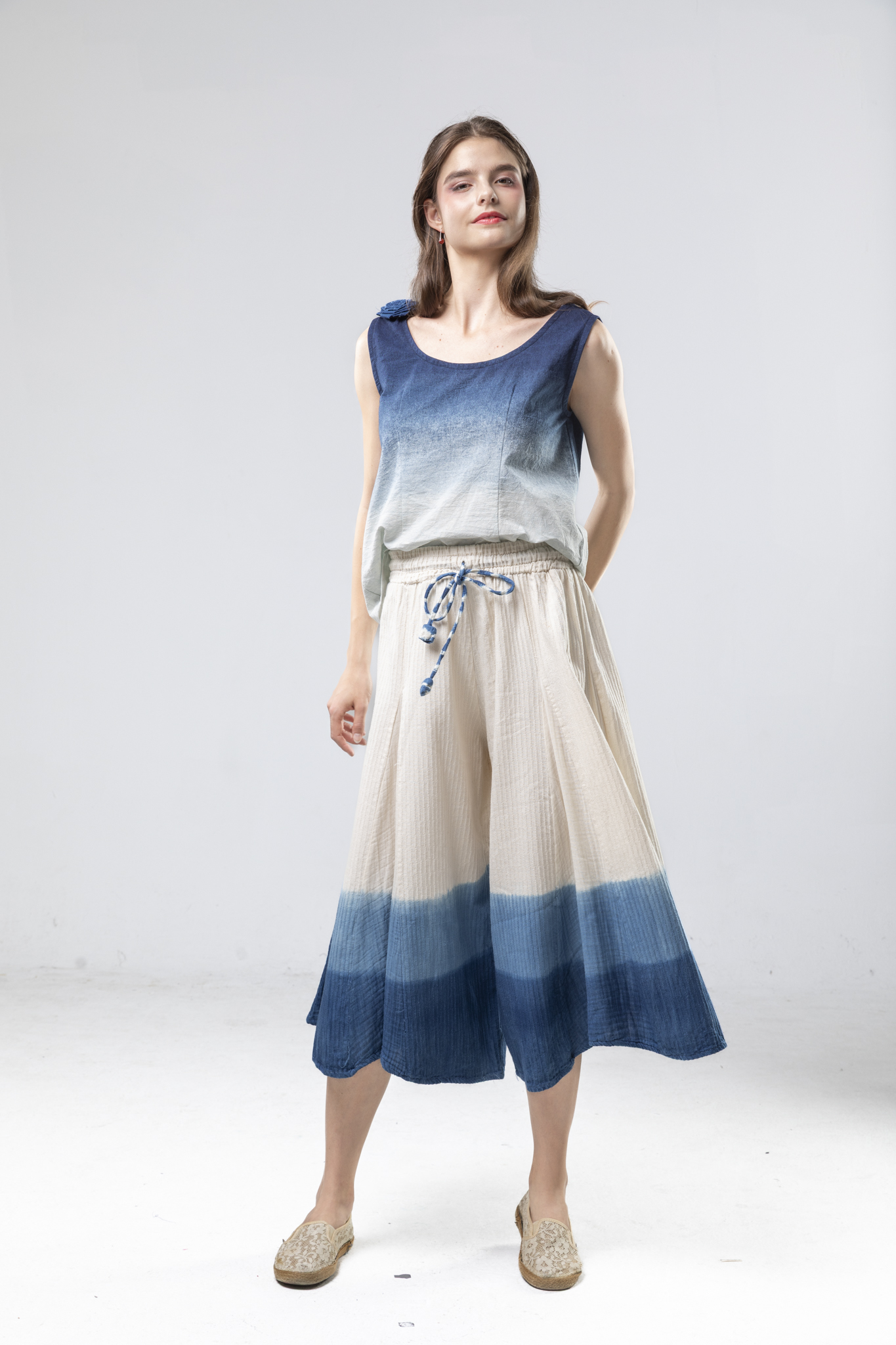 藍染海浪紋寬褲～立裁