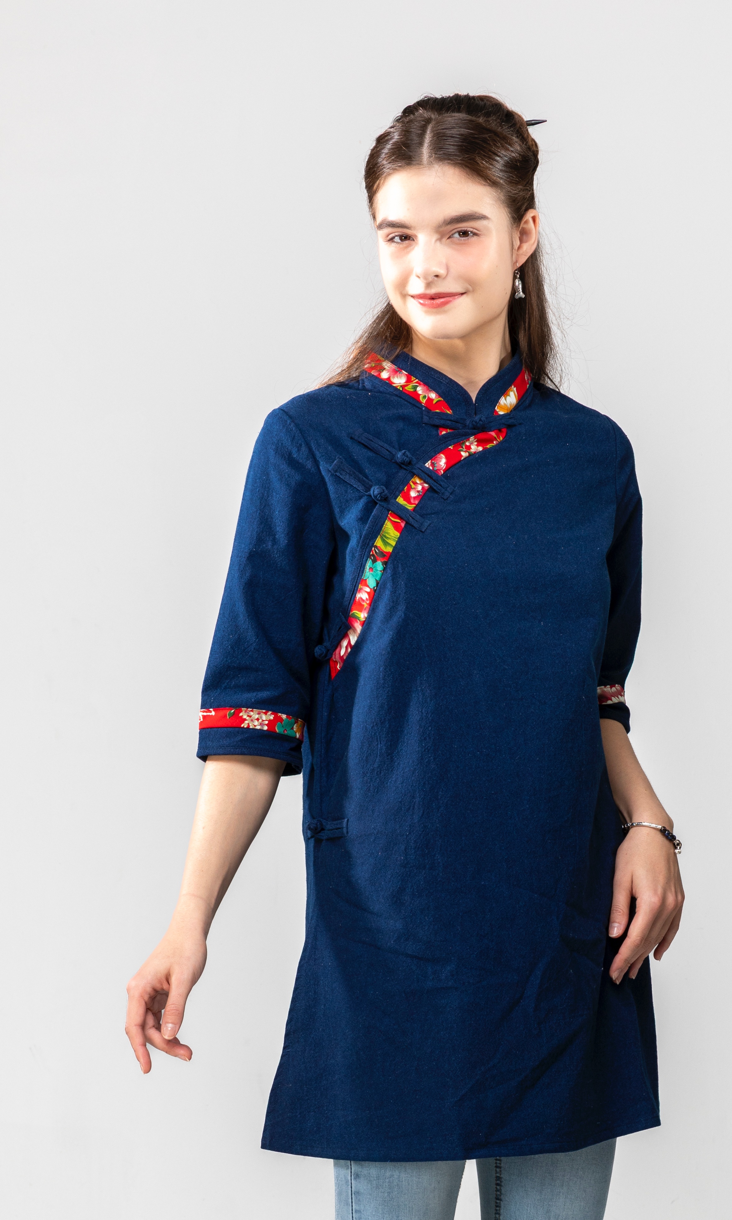 藍素布傳統客家大襟衫