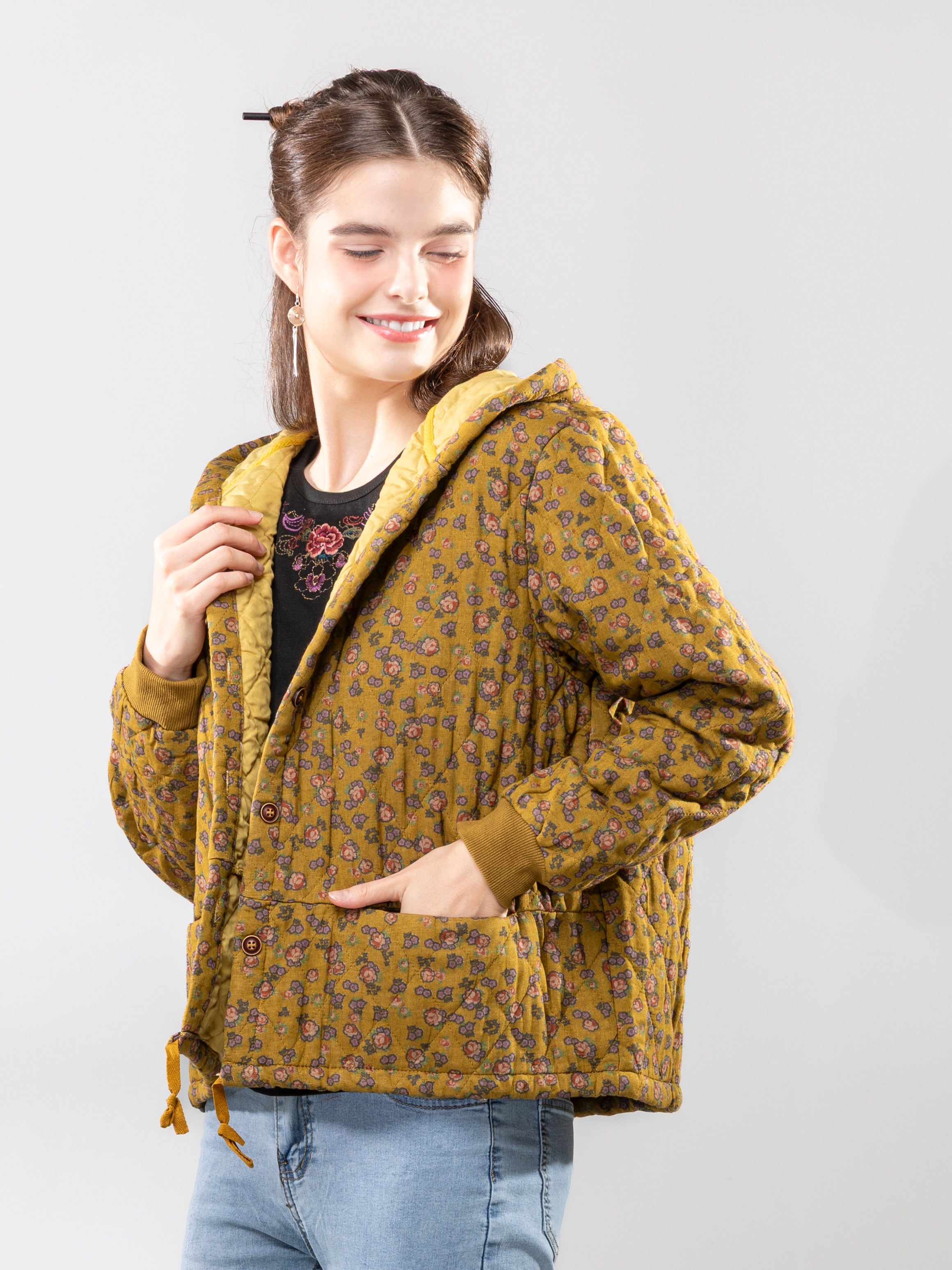 黃小花帶帽棉外套/棉衣