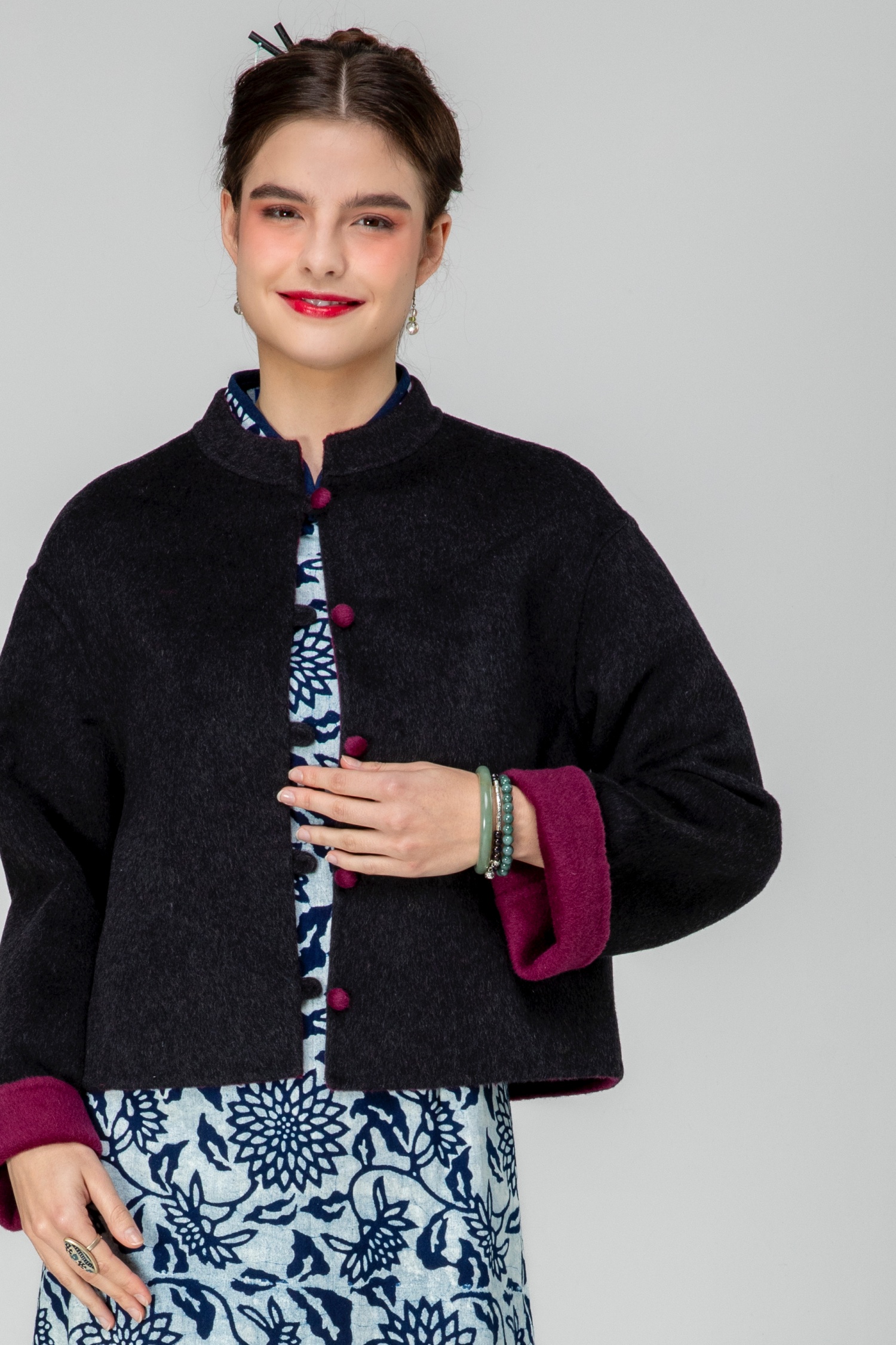 灰黑羊絨雙面短大衣外套