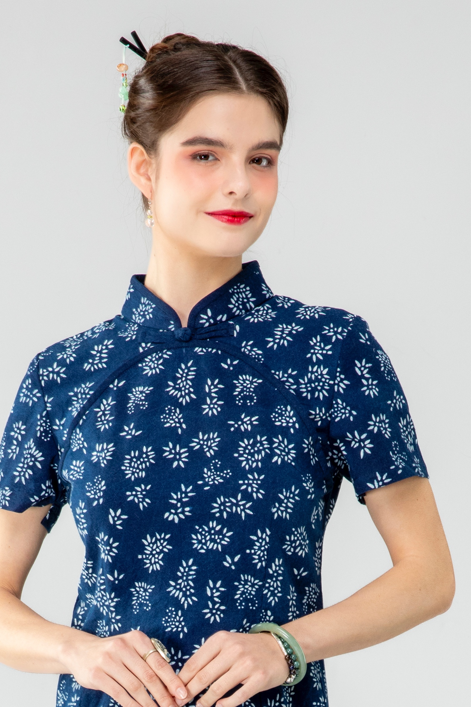 藍染雙大襟短旗袍