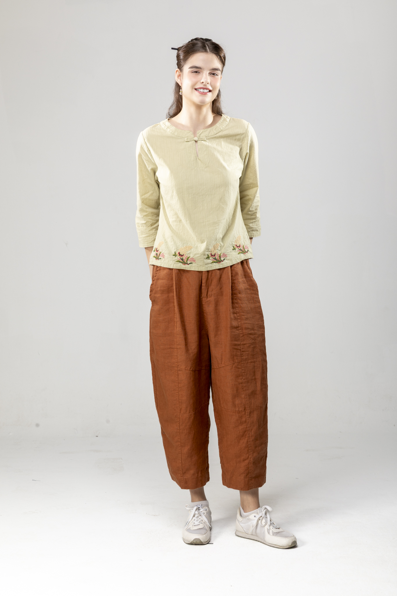 亞麻彎刀褲-棕色